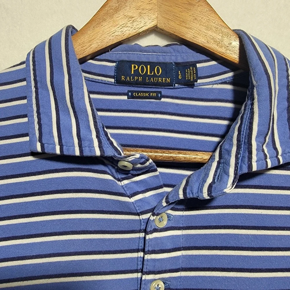 Polo Ralph Lauren Mens Size Large Blue‎ White Striped Collared Shirt Pony Pocket
